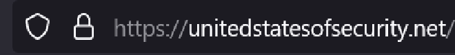 Capture d'écran de la barre d'adresse de Firefox, avec une icône Bouclier, une icône Cadenas et l'URL https://unitedstatesofsecurity.net.